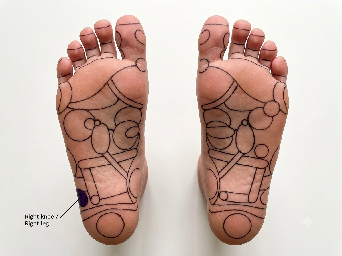 Knee zone (Zone 35): foot reflexology chart of both soles with the right knee and leg area marked on the outer edge of the right heel.