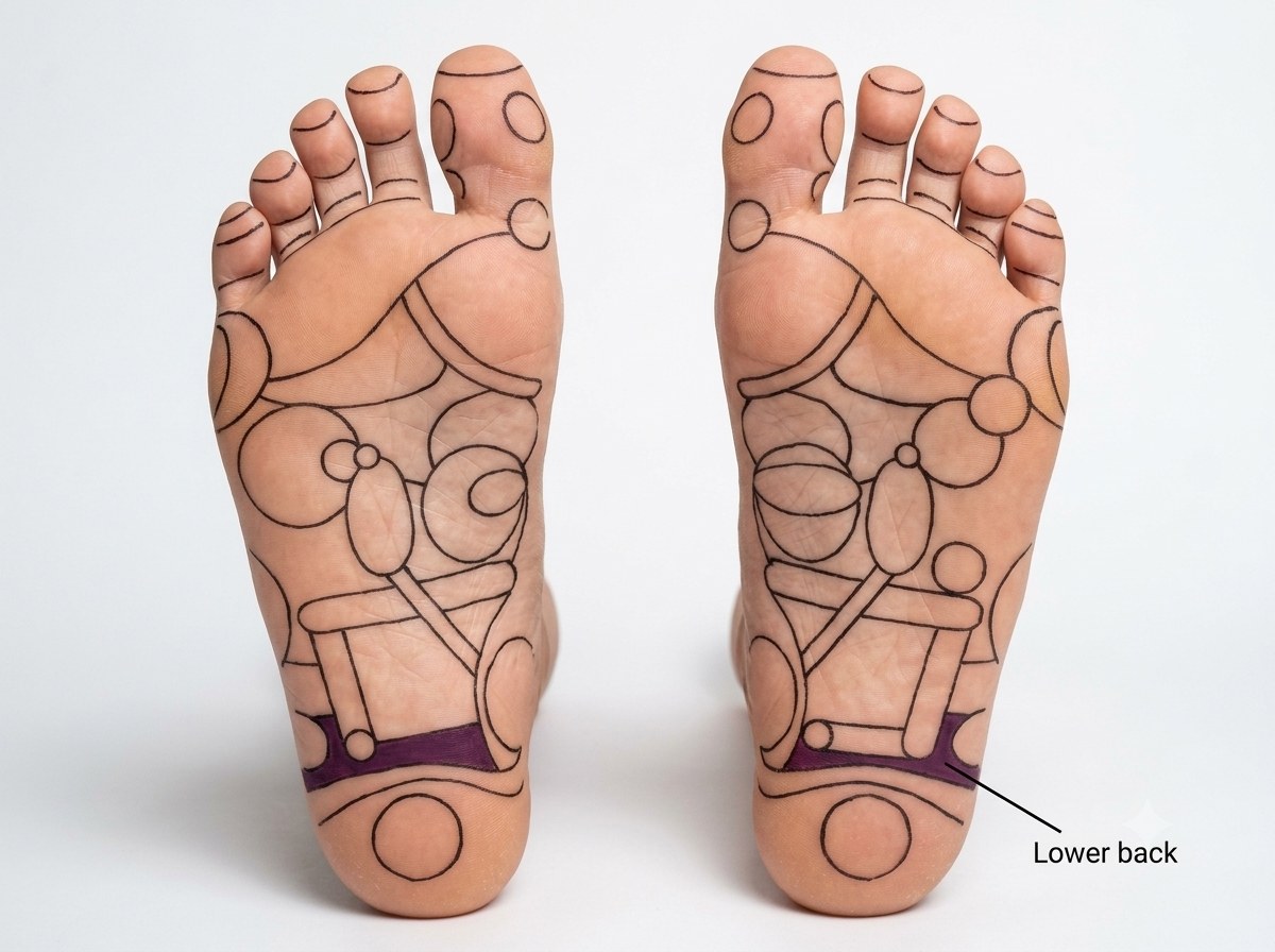 Lower back spine zone (Zone 55): foot reflexology chart of both soles with the lower back band shaded across the sole where the arch meets the heel.