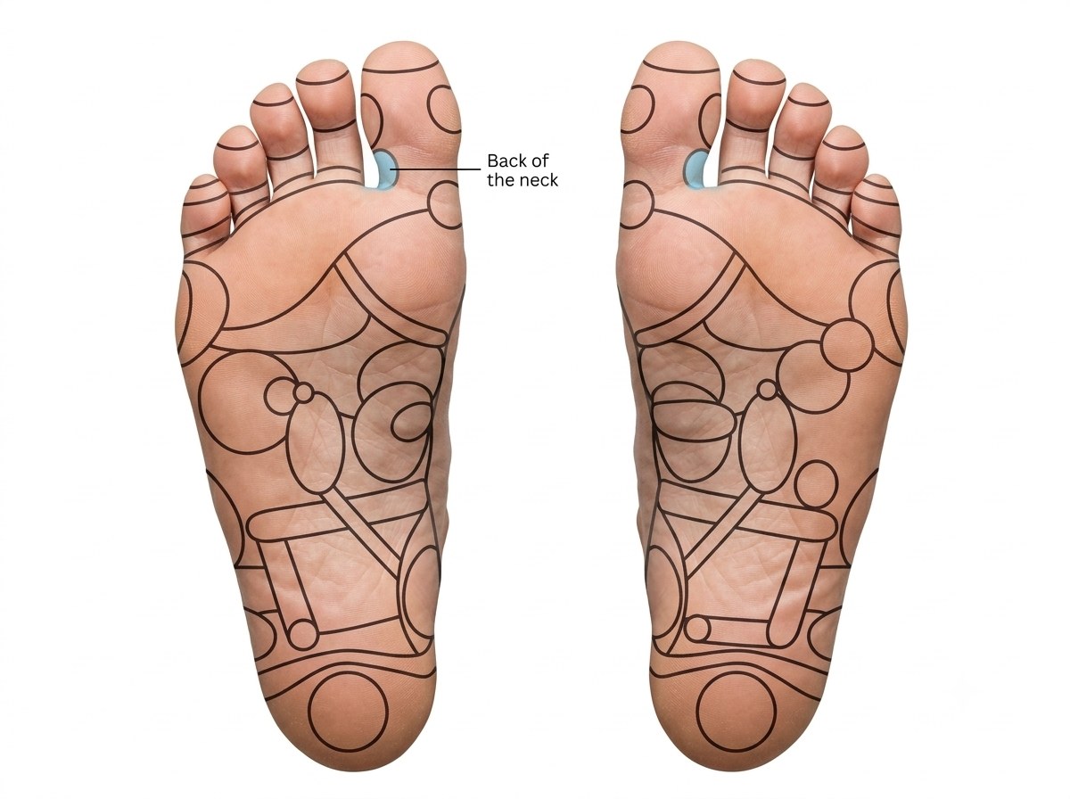 Neck zone (Zone 07): foot reflexology chart of both soles with the back of the neck shaded at the base of each big toe.
