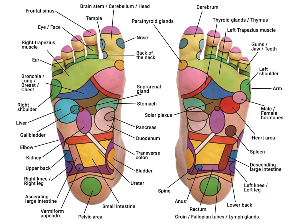 Sciatic nerve zone (Zone 62): full foot reflexology map of the sole, used as an overview; the band behind the ankle bones is described in the steps.